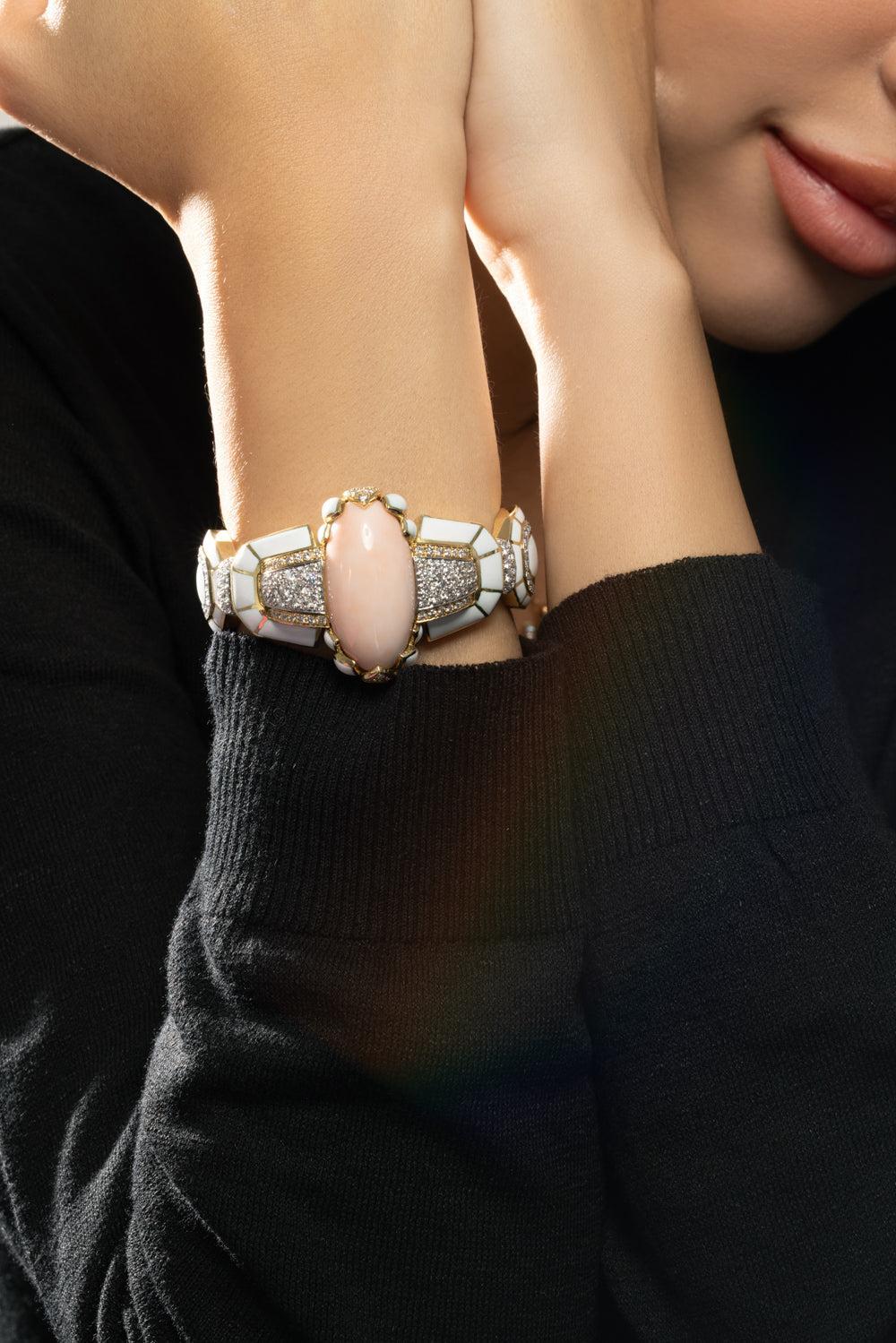 Cabochon Coral Diamond White Lotus Cuff Bracelet - Image 2