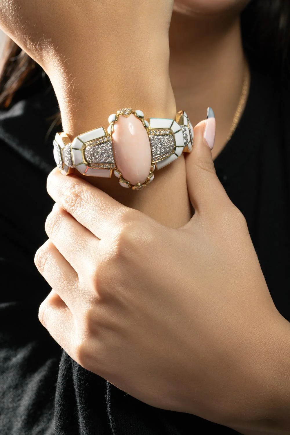 Cabochon Coral Diamond White Lotus Cuff Bracelet - Image 3