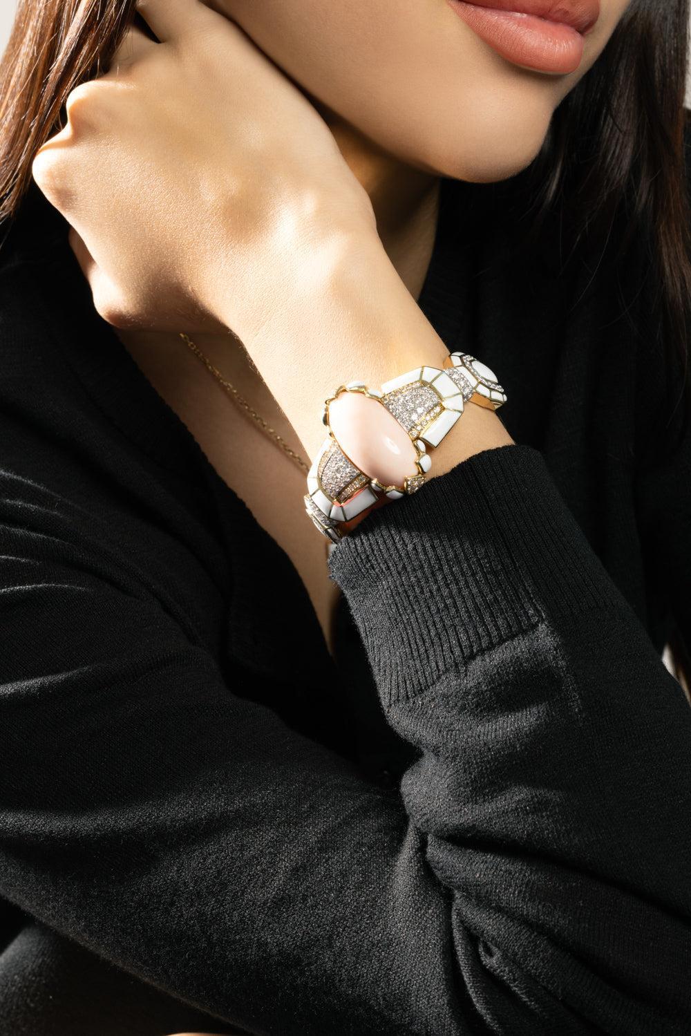 Cabochon Coral Diamond White Lotus Cuff Bracelet - Image 4