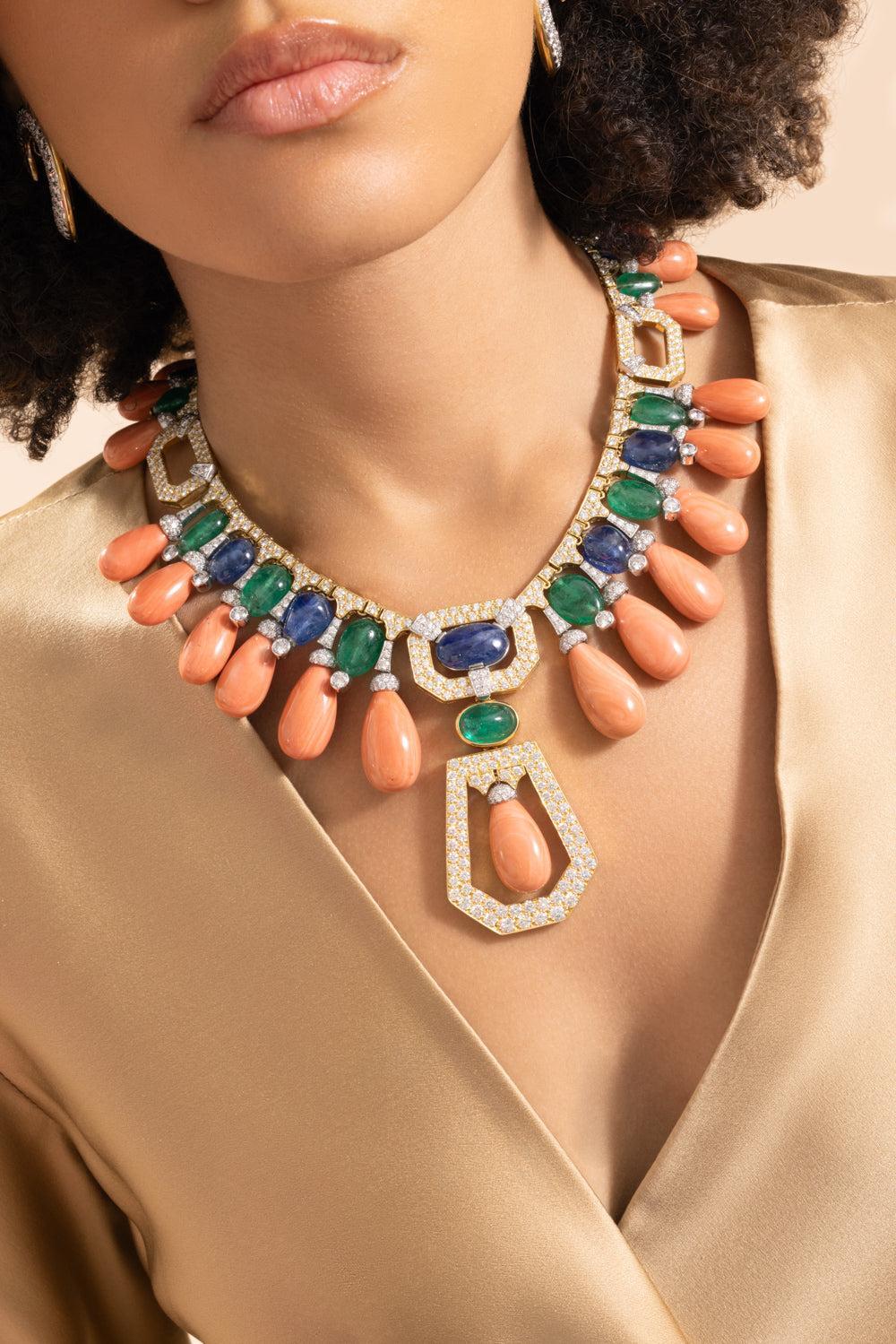Coral Sapphire Maharaja Couture Necklace - Image 2