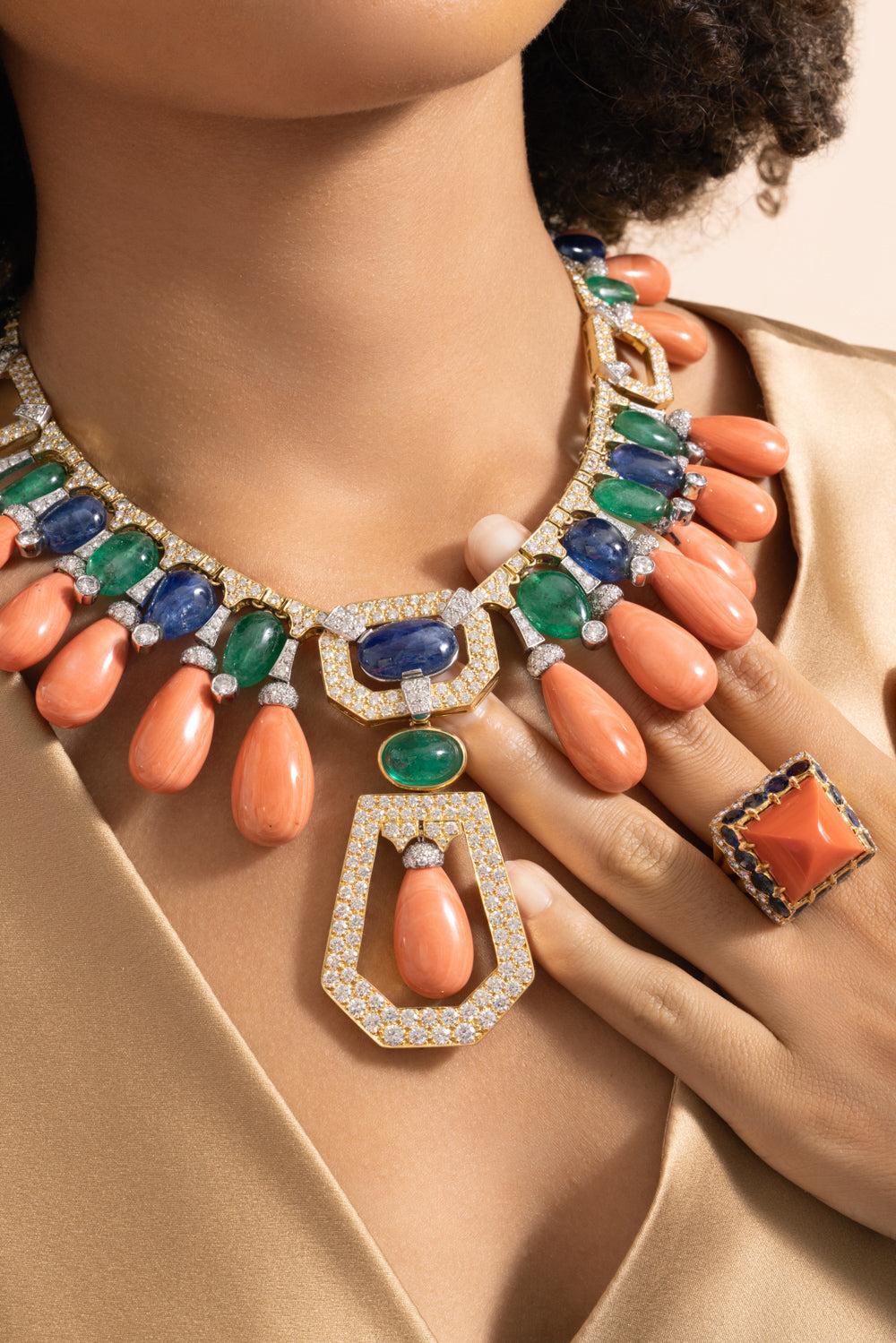 Coral Sapphire Maharaja Couture Necklace - Image 4
