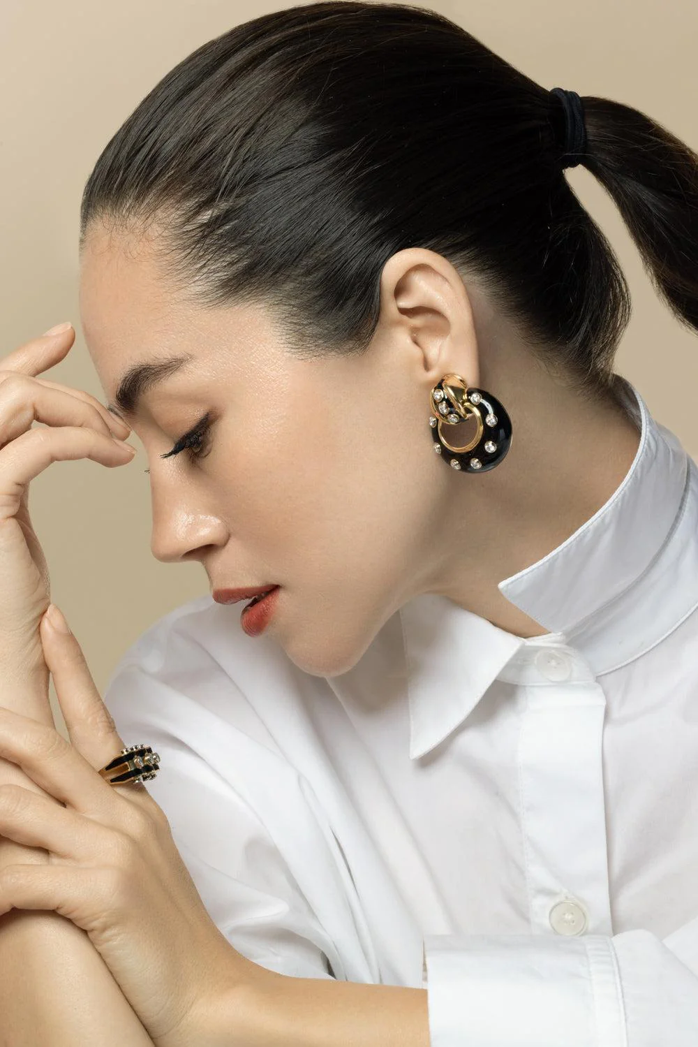 Diamond Black Stud Doorknocker Earrings - Image 2