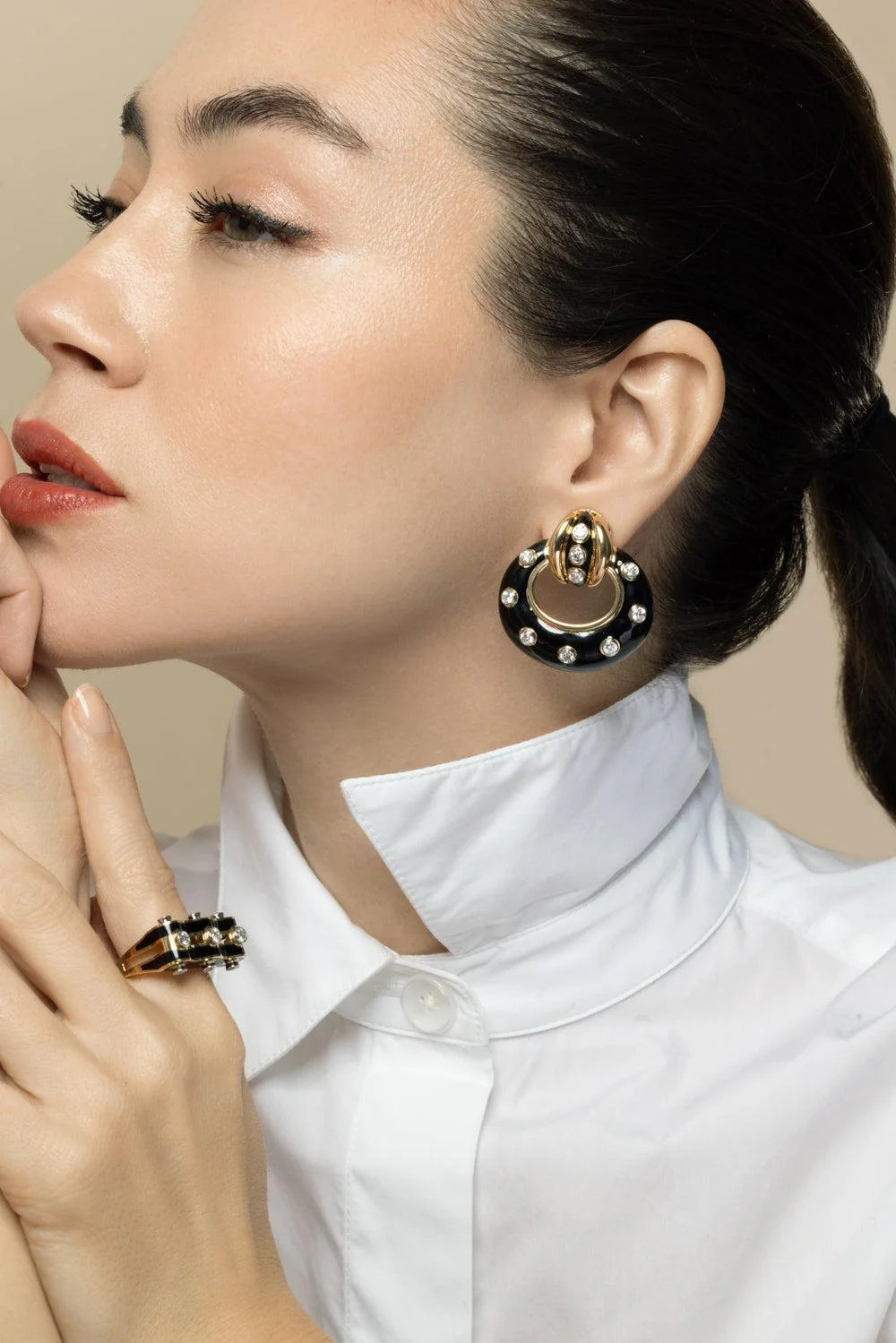 Diamond Black Stud Doorknocker Earrings - Image 4