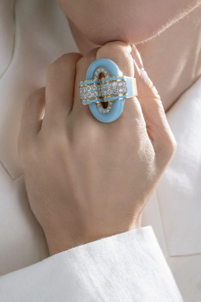Diamond Light Blue Oval Buckle Ring - Image 2