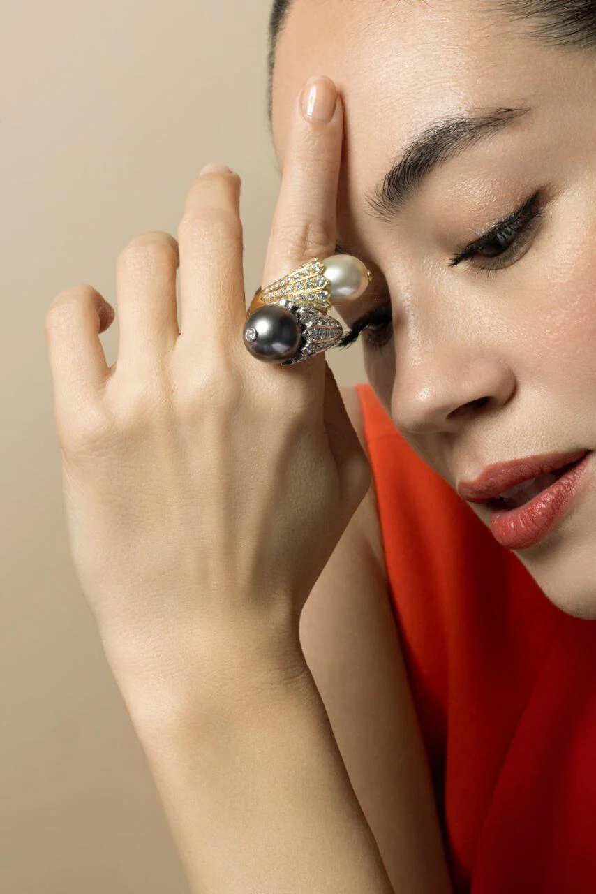 Diamond Pearl Flower Bud Crossover Ring - Image 2