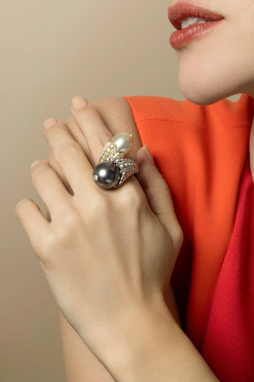 Diamond Pearl Flower Bud Crossover Ring - Image 3
