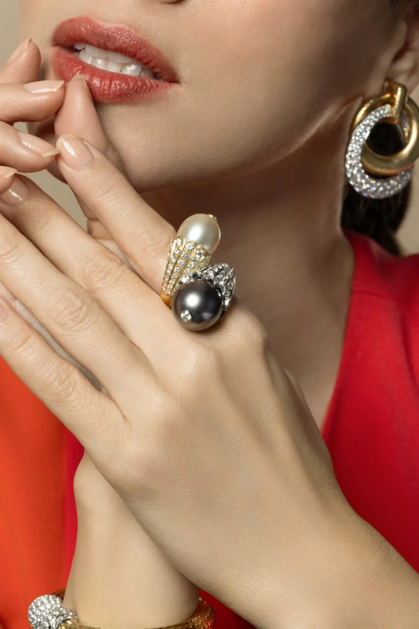 Diamond Pearl Flower Bud Crossover Ring - Image 4