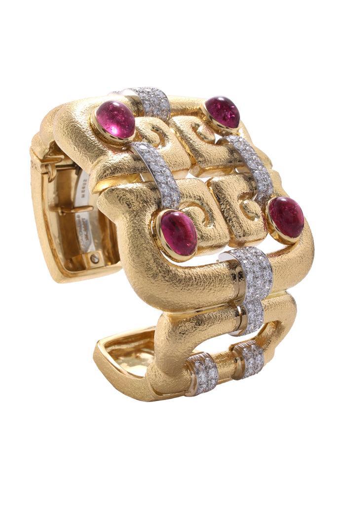 Diamond Rubellite Open Scroll Cuff Bracelet