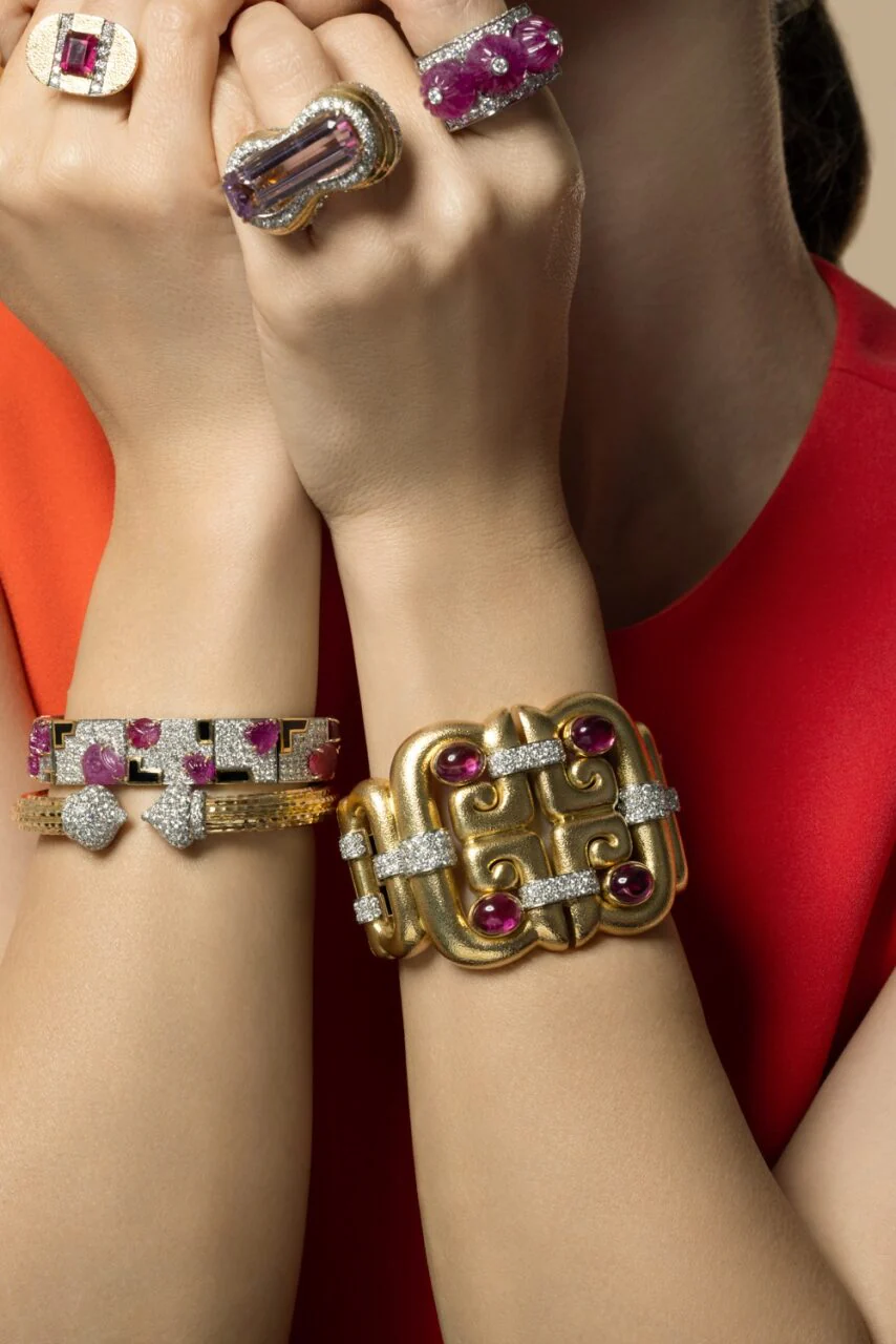 Diamond Rubellite Open Scroll Cuff Bracelet - Image 2