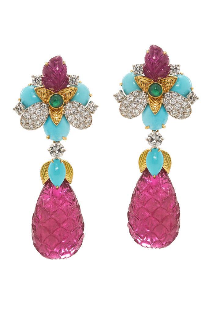 Diamond Turquoise Ruby Blossom Earrings