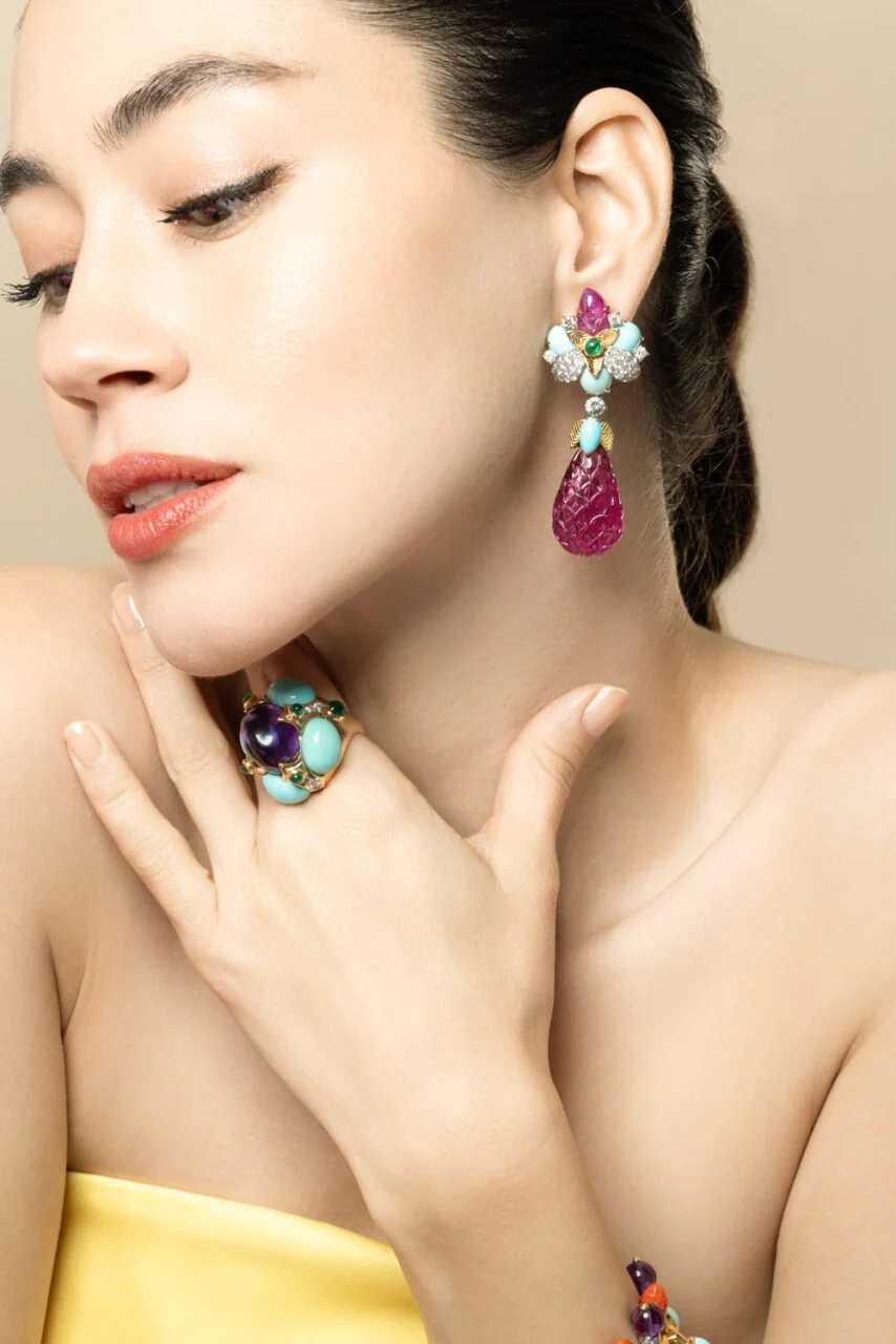 Diamond Turquoise Ruby Blossom Earrings - Image 2