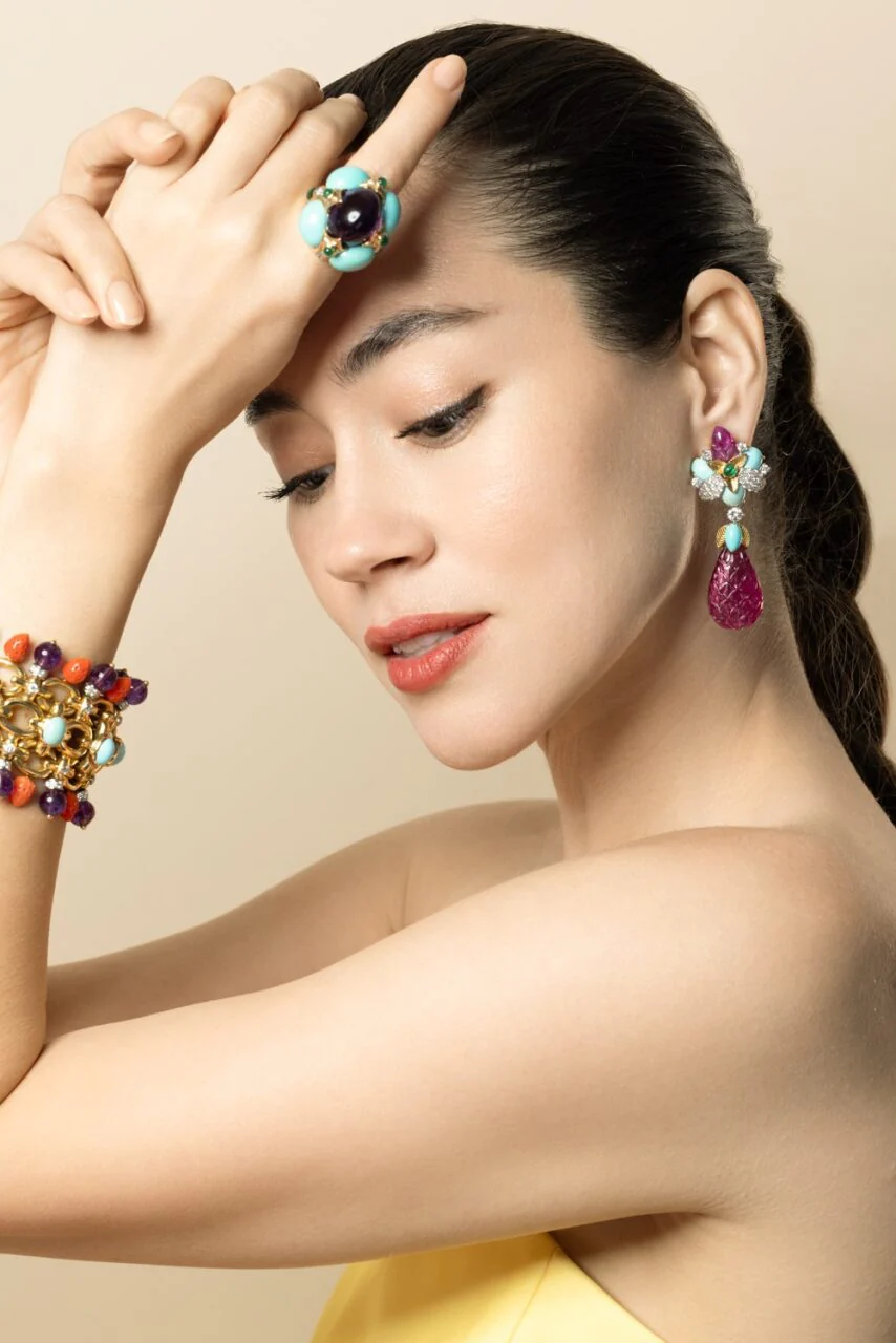 Diamond Turquoise Ruby Blossom Earrings - Image 3