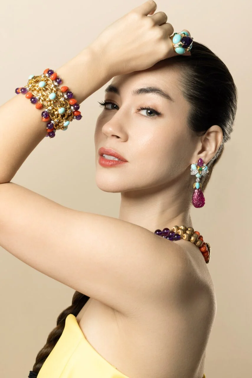 Diamond Turquoise Ruby Blossom Earrings - Image 4