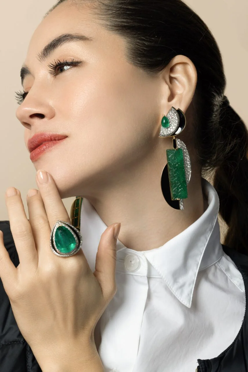 Emerald Diamond Black Couture Earrings - Image 3