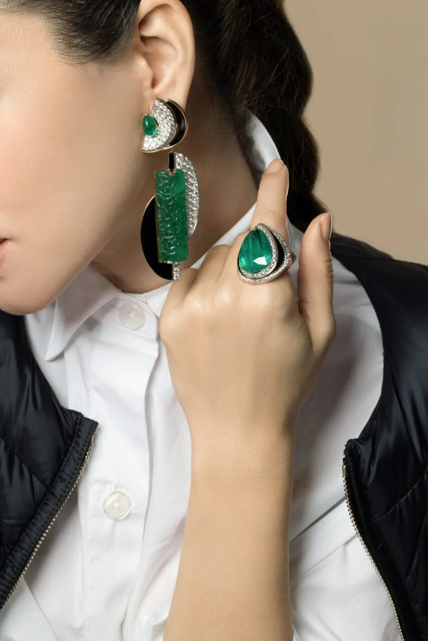 Emerald Diamond Black Couture Earrings - Image 4