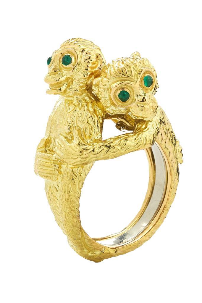 Emerald Hugging Mokeys Ring