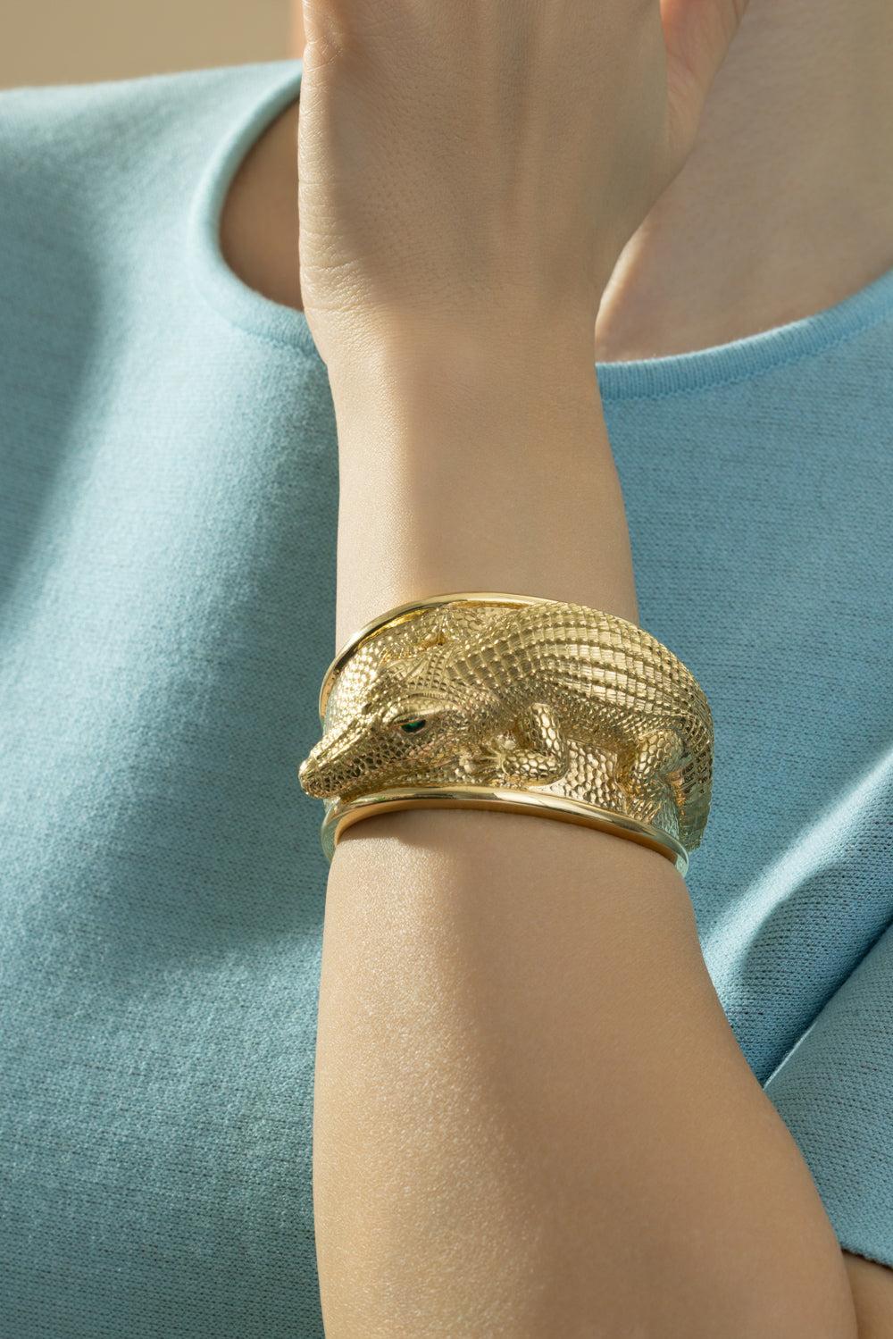 Emerald Repousse Alligator Cuff Bracelet - Image 2