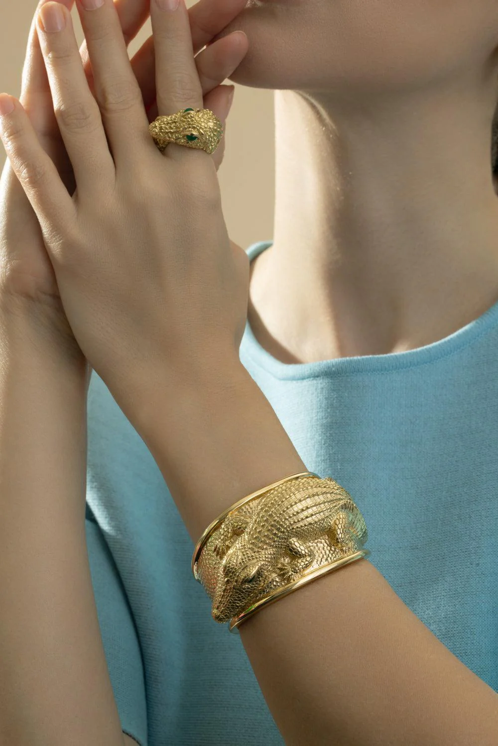 Emerald Repousse Alligator Cuff Bracelet - Image 3