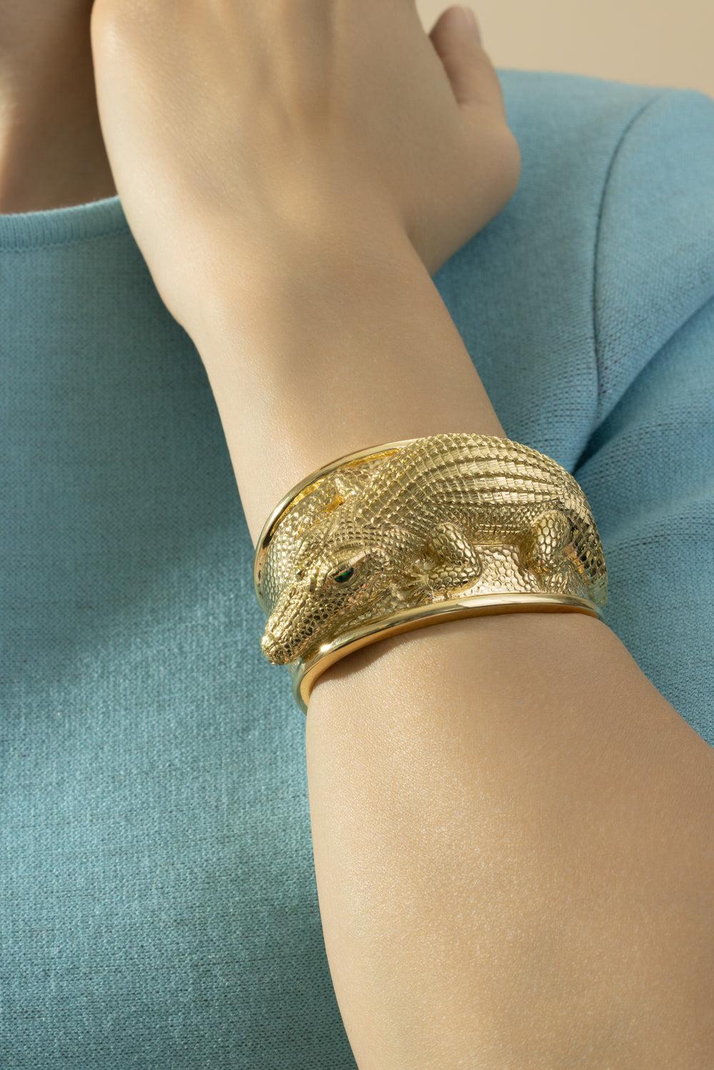 Emerald Repousse Alligator Cuff Bracelet - Image 4