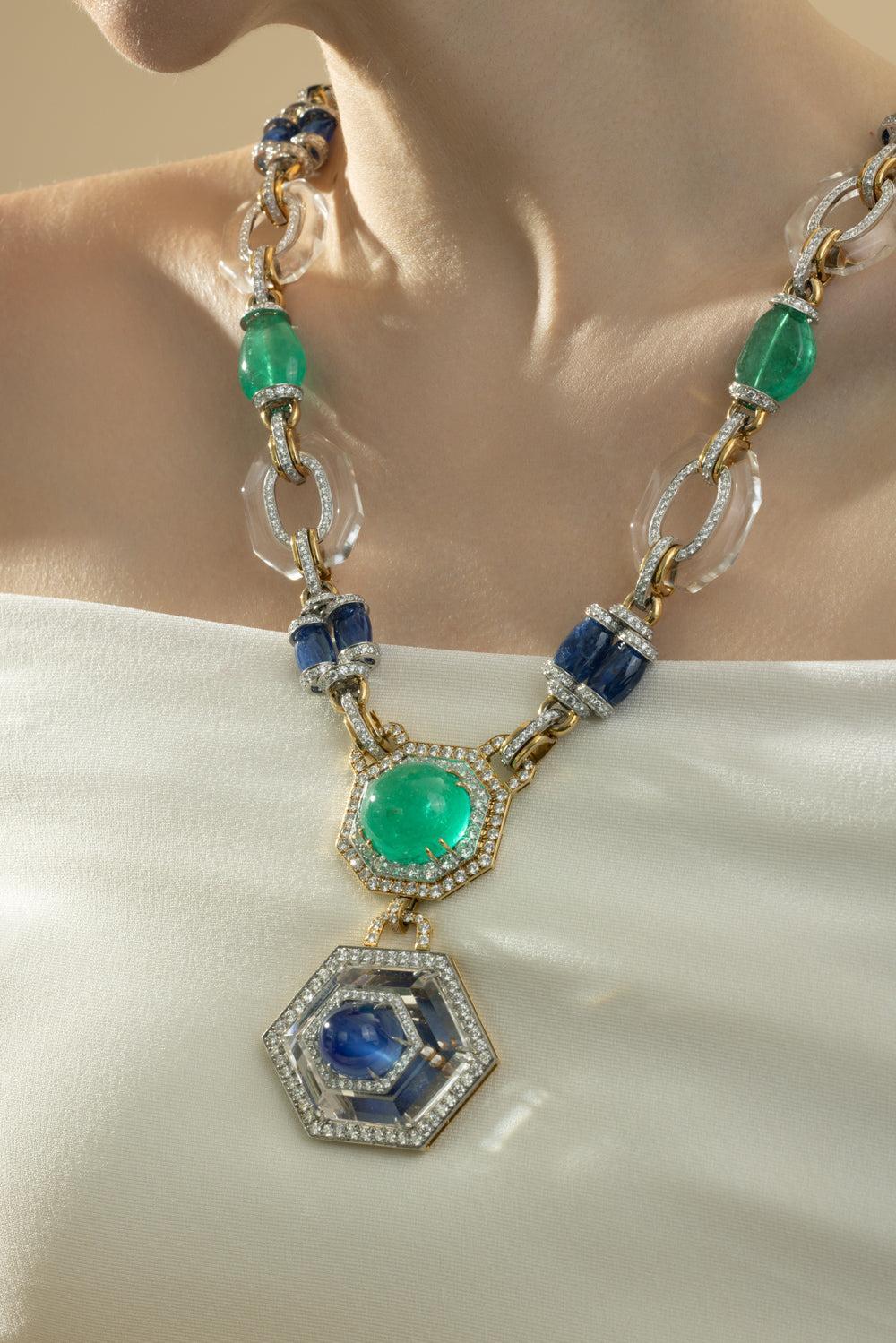 Emerald Sapphire Rock Crystal Diamond Necklace - Image 2