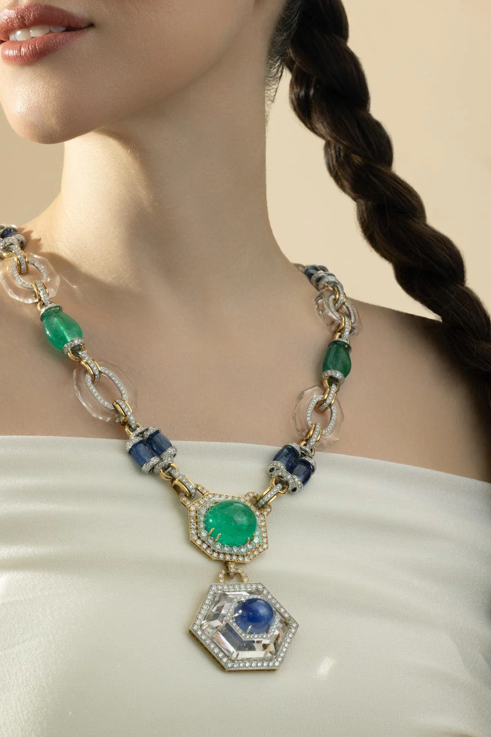 Emerald Sapphire Rock Crystal Diamond Necklace - Image 3