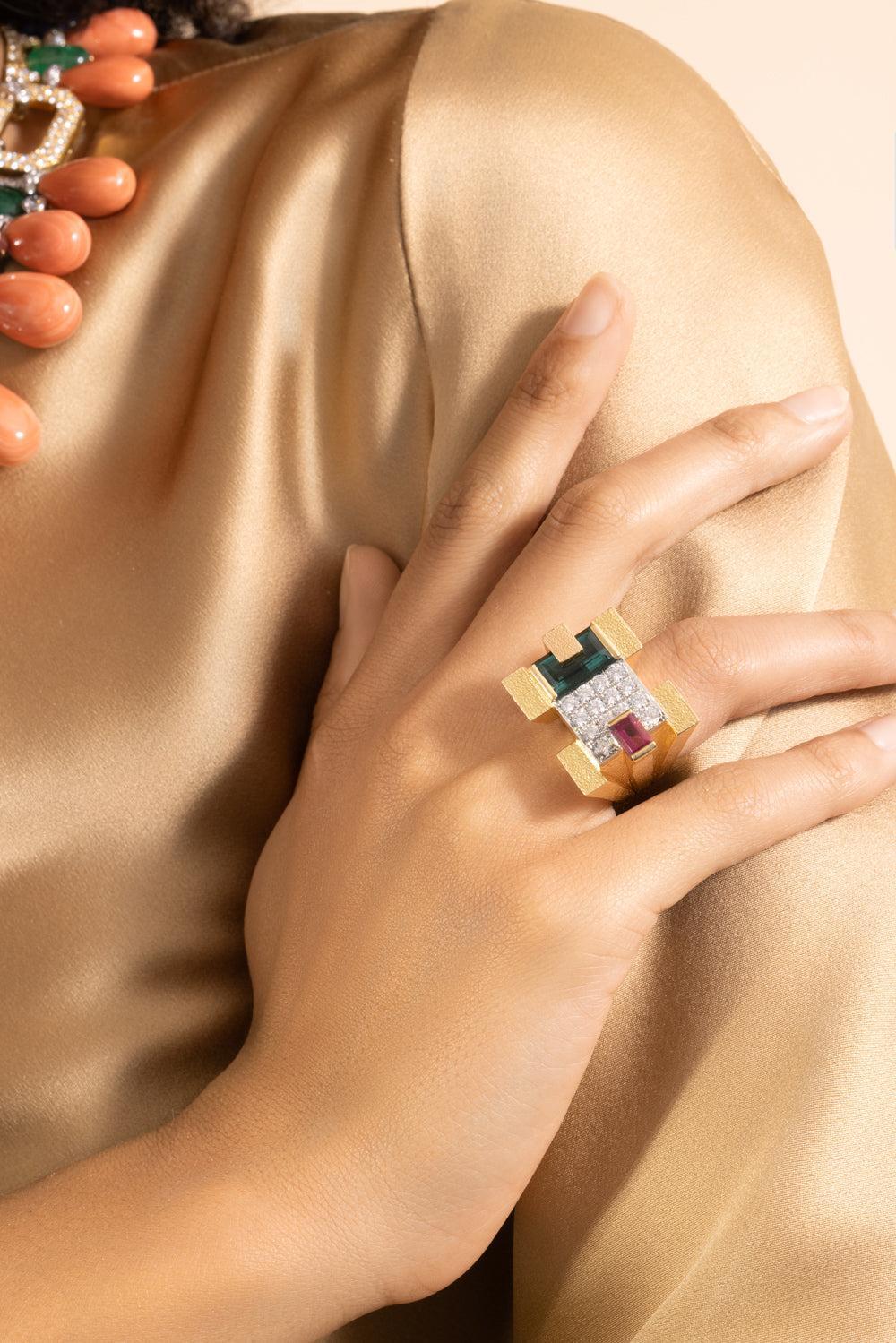 Green Tourmaline Step Cut Cubist Scaffold Ring - Image 4