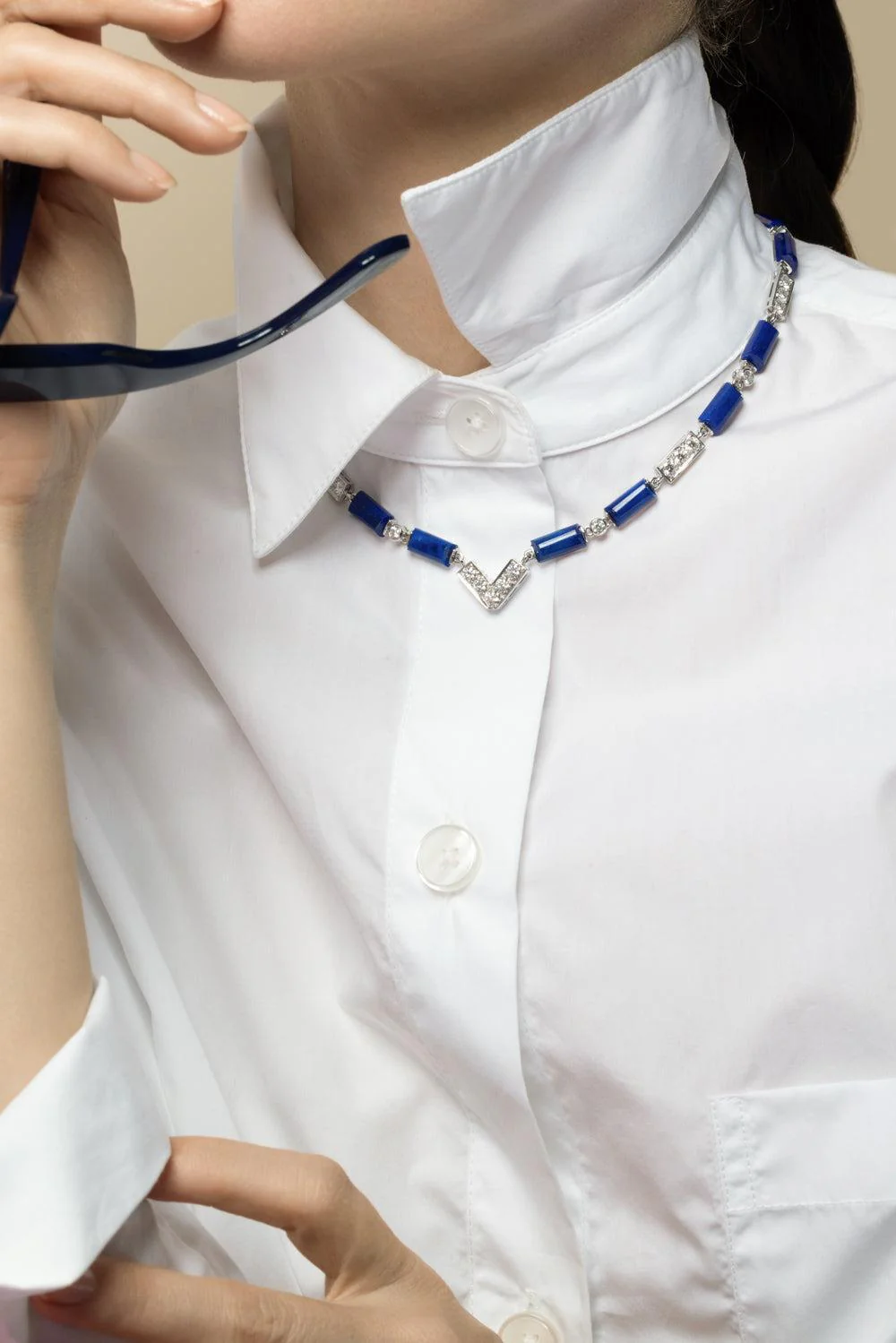 Lapis Diamond V Chain Necklace - Image 4