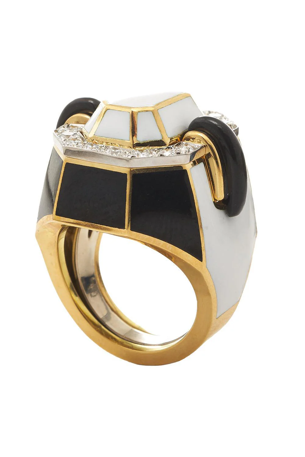 Onyx Black White Small Facet Ring