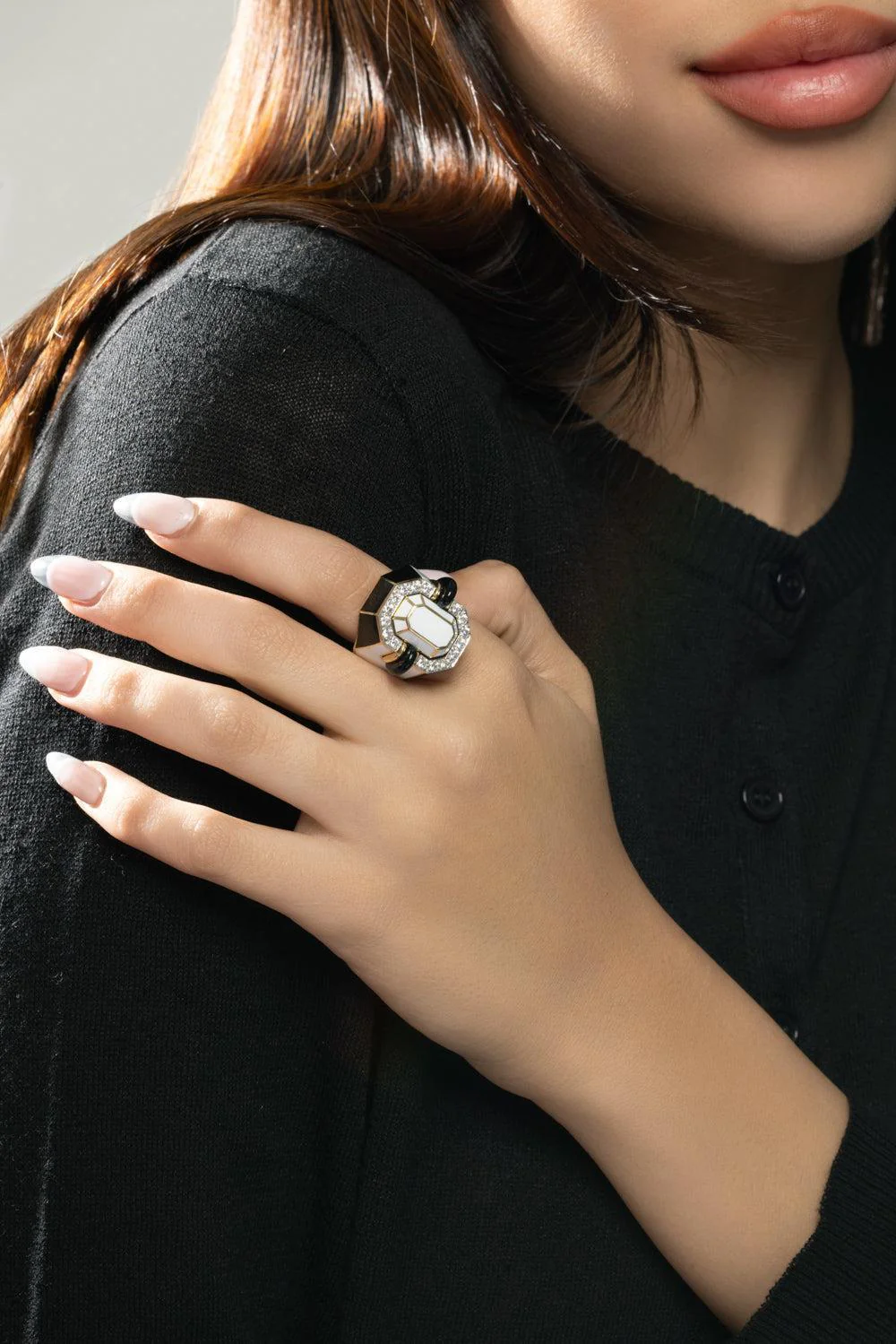 Onyx Black White Small Facet Ring - Image 2