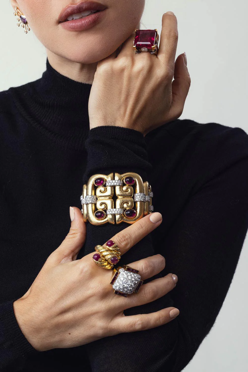 Open Scroll Rubellite Diamond Cuff Bracelet - Image 4