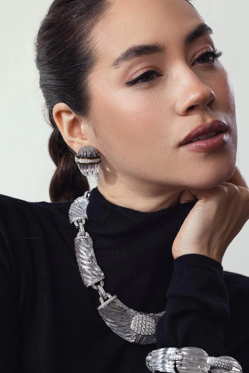 Rock Crystal Diamond Wrapped Egg Earrings - Image 3
