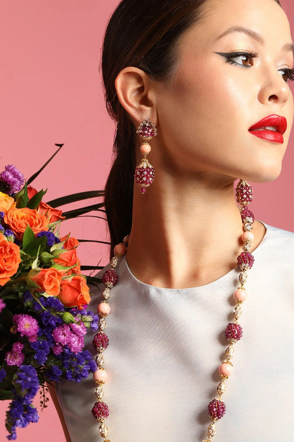 Ruby Coral Bead Diamond Earrings - Image 2
