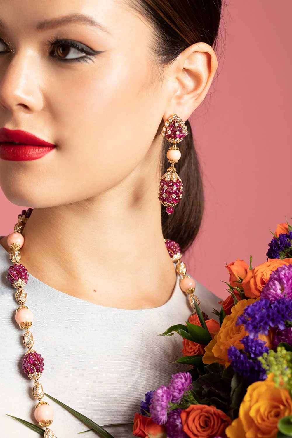 Ruby Coral Bead Diamond Earrings - Image 3