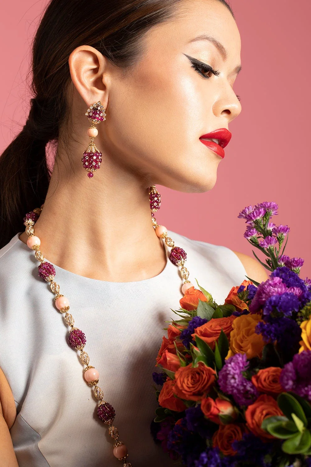 Ruby Coral Bead Diamond Earrings - Image 4