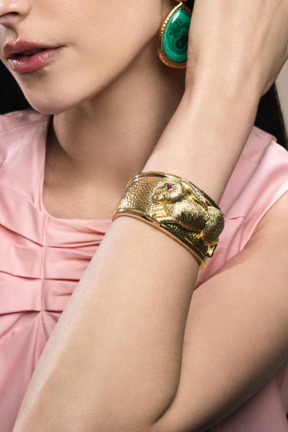 Ruby Repousse Rabbit Couture Cuff Bracelet - Image 2