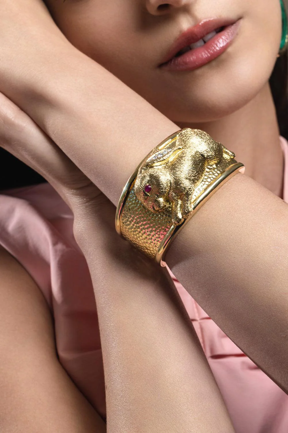 Ruby Repousse Rabbit Couture Cuff Bracelet - Image 3