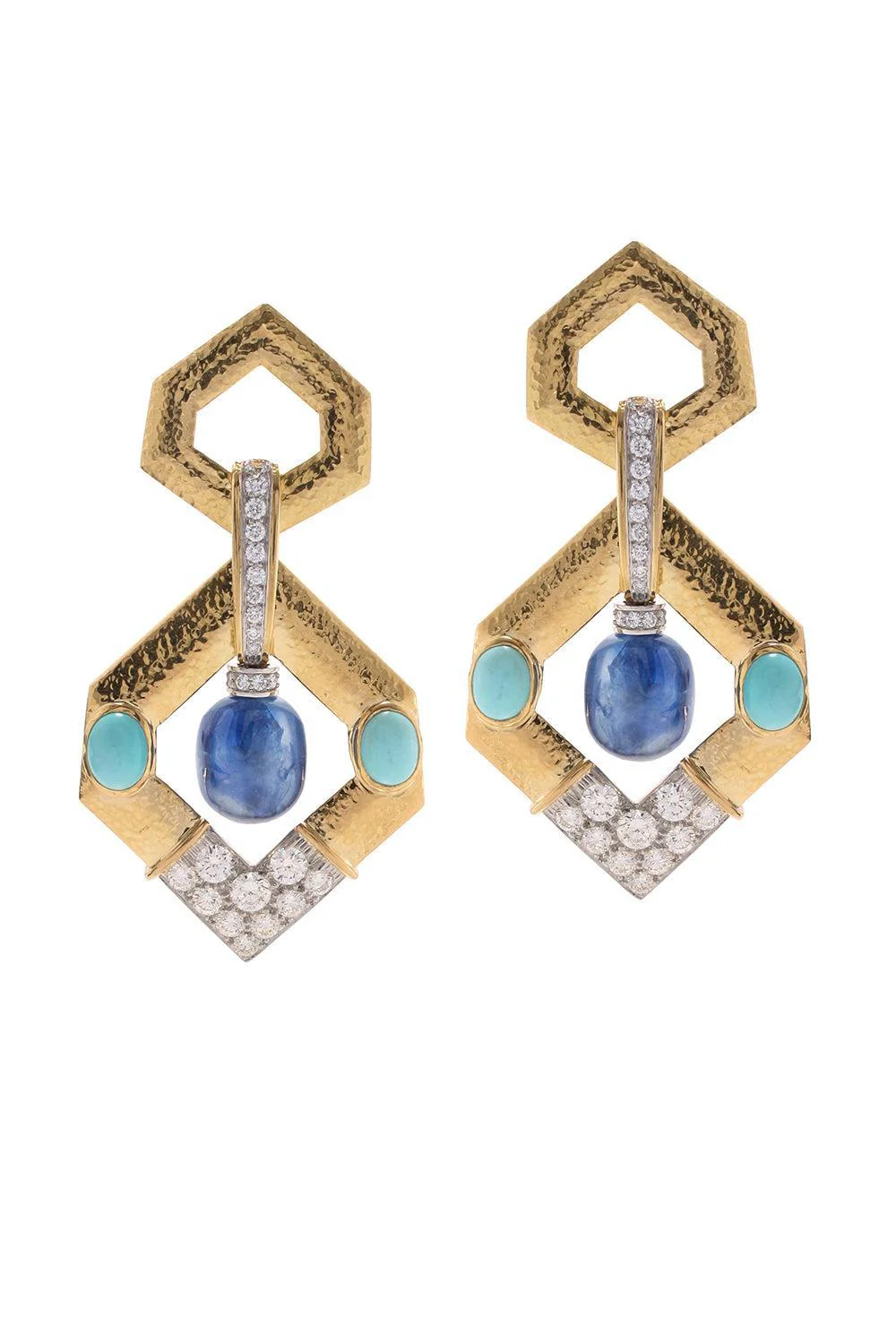Sapphire Turquoise Diamond Hexagon Doorknocker Earrings