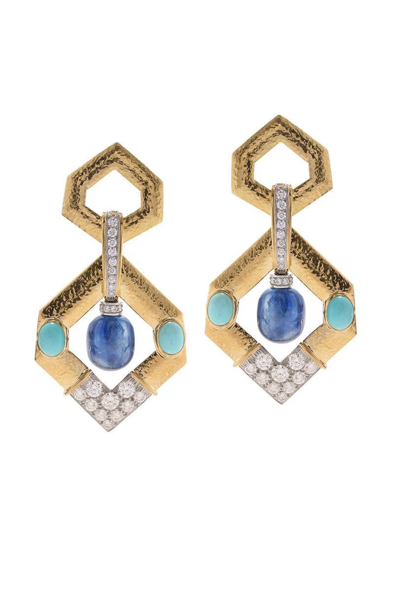 Sapphire V Inset Hexagonal Doorknocker Earrings