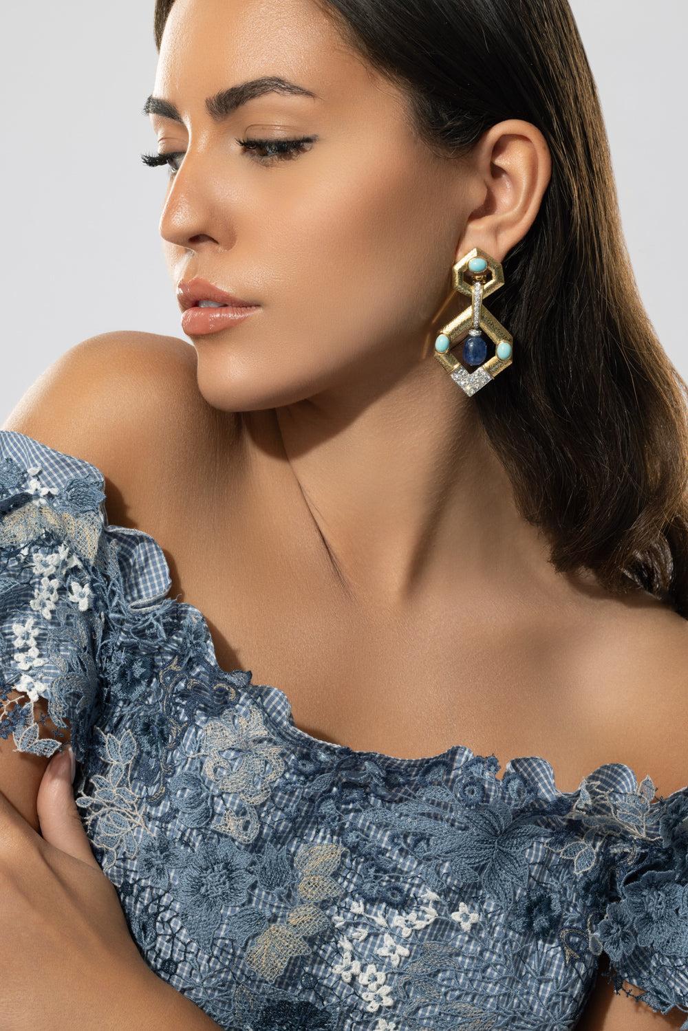 Sapphire V Inset Hexagonal Doorknocker Earrings - Image 3
