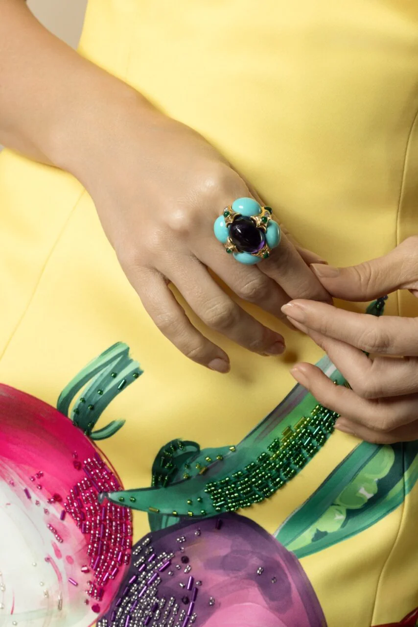 Turquoise Amethyst Emerald Crown Ring - Image 2