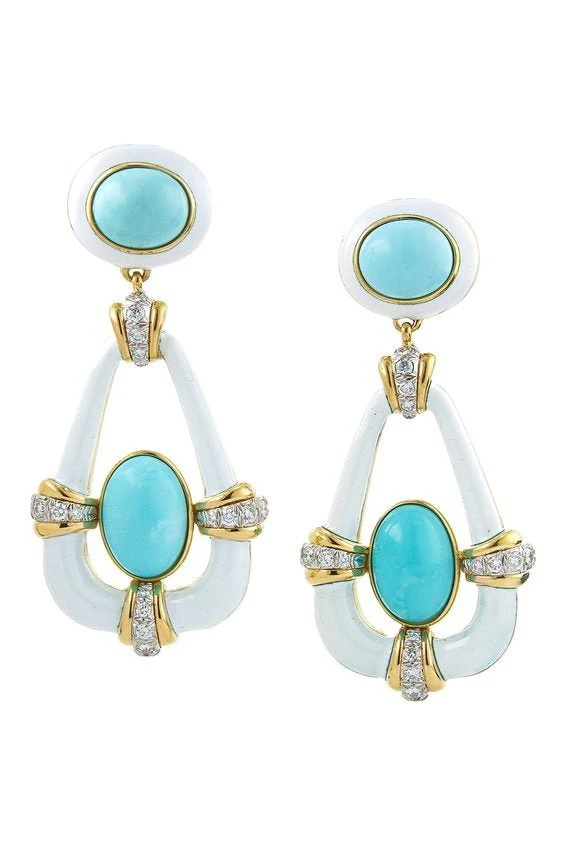 Turquoise Diamond White Long Swing Earrings