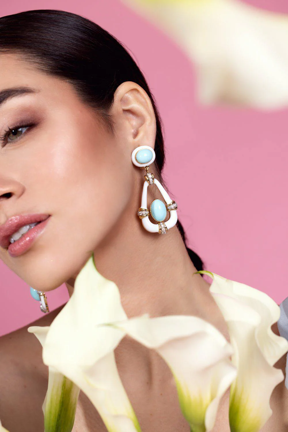 Turquoise Diamond White Long Swing Earrings - Image 2