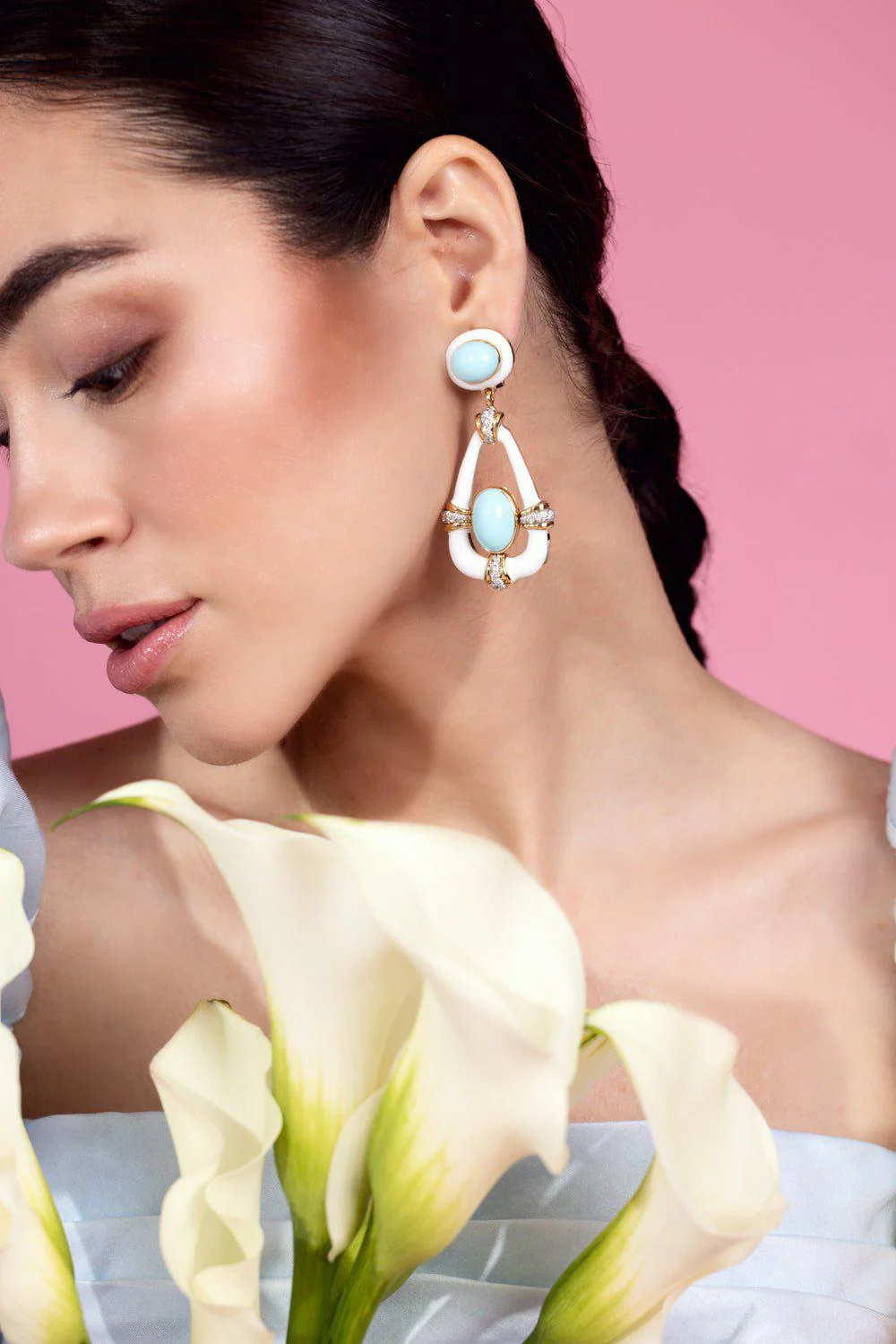 Turquoise Diamond White Long Swing Earrings - Image 3