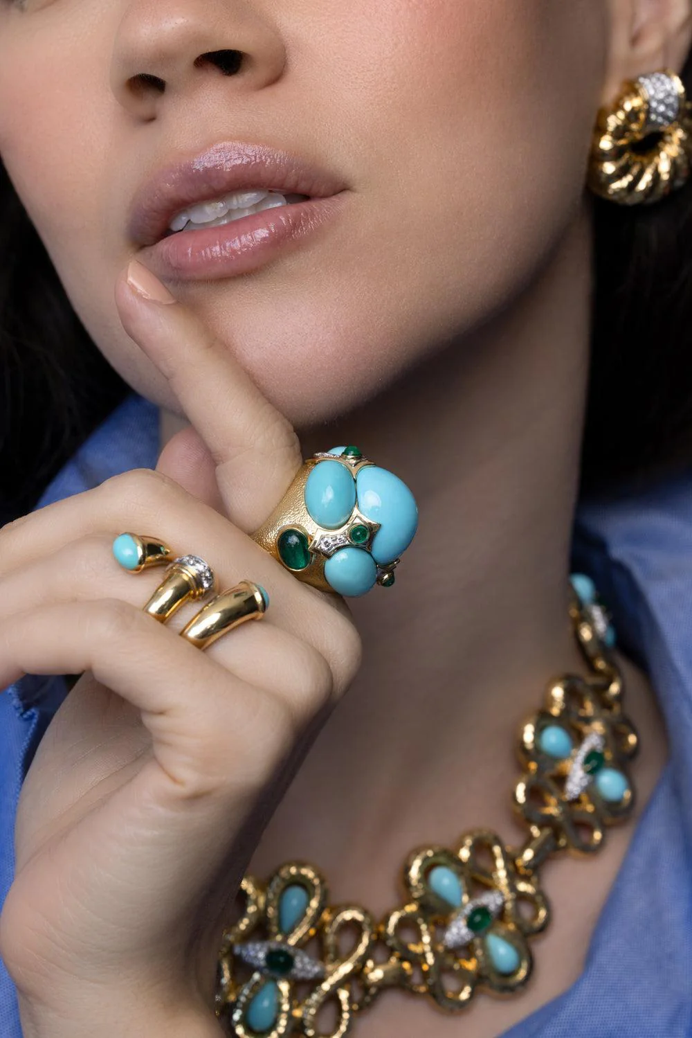 Turquoise Emerald Crown Ring - Image 4