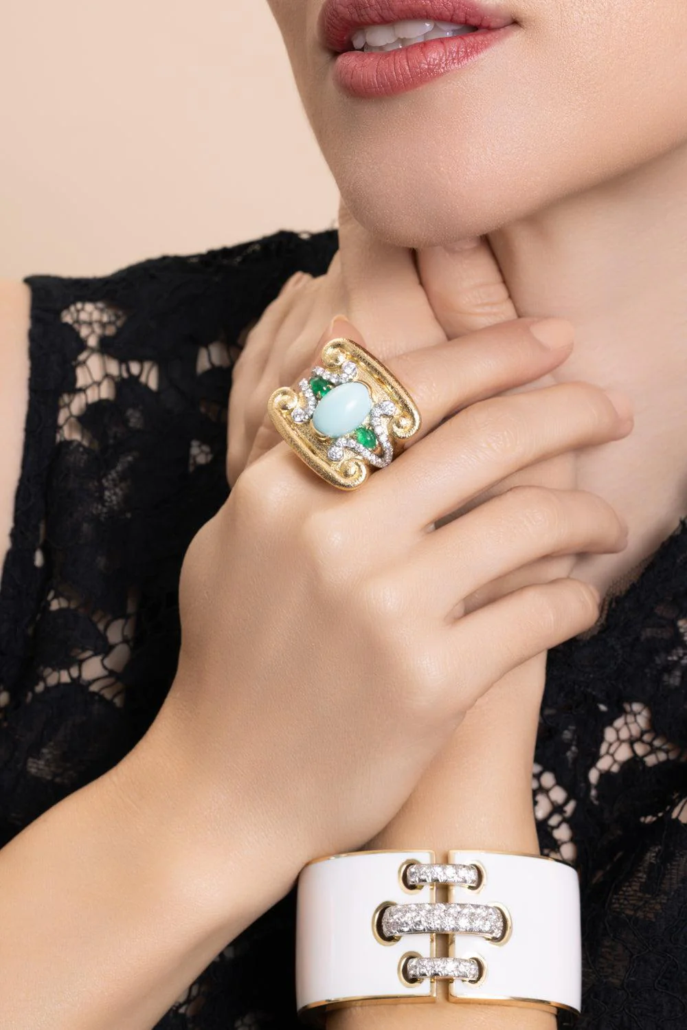 Turquoise Emerald Quad Scroll Ring - Image 2