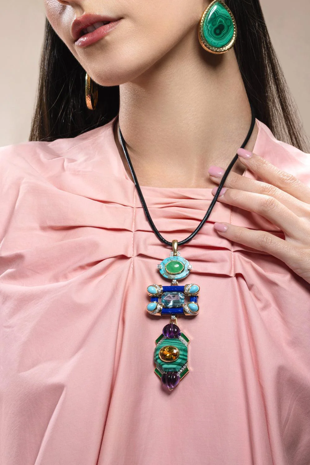 Turquoise Jade Lapis Green Couture Totem Necklace - Image 2