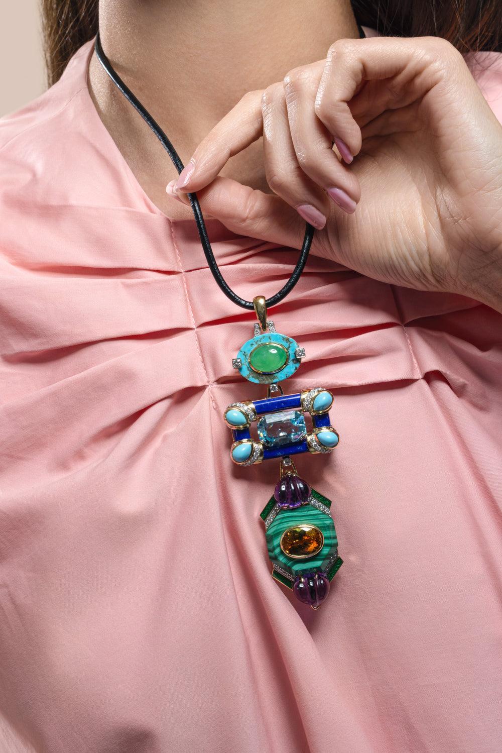 Turquoise Jade Lapis Green Couture Totem Necklace - Image 3