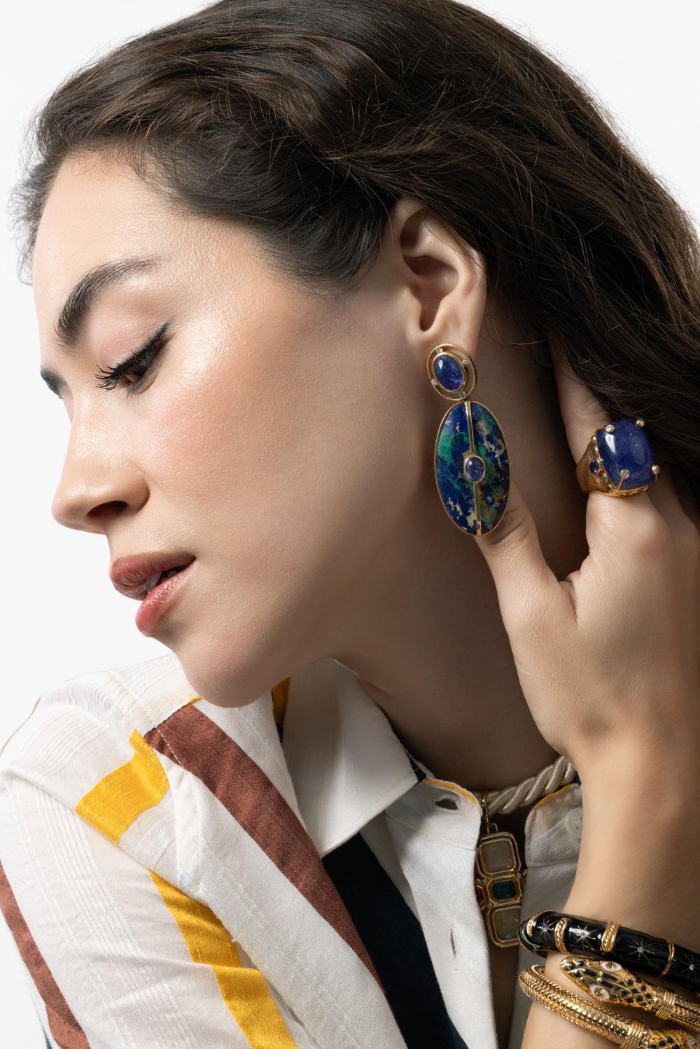 Azurite Malachite Diamond Earrings - Image 4