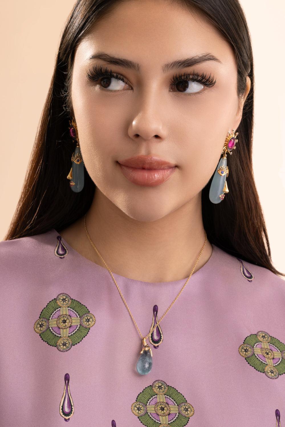 Aquamarine Mini Face Motif Drop Earrings - Image 4