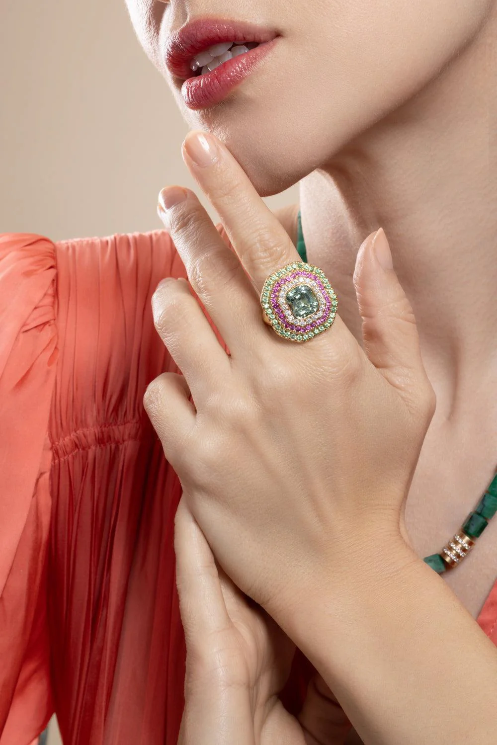 Mint Tourmaline Sapphire Cushion Gemstone Ring